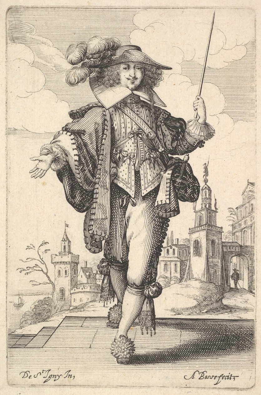 Een heer die naar voren loopt, met zijn rechterarm uitgestrekt en een zweep in zijn linkerhand, 1629 door Abraham Bosse