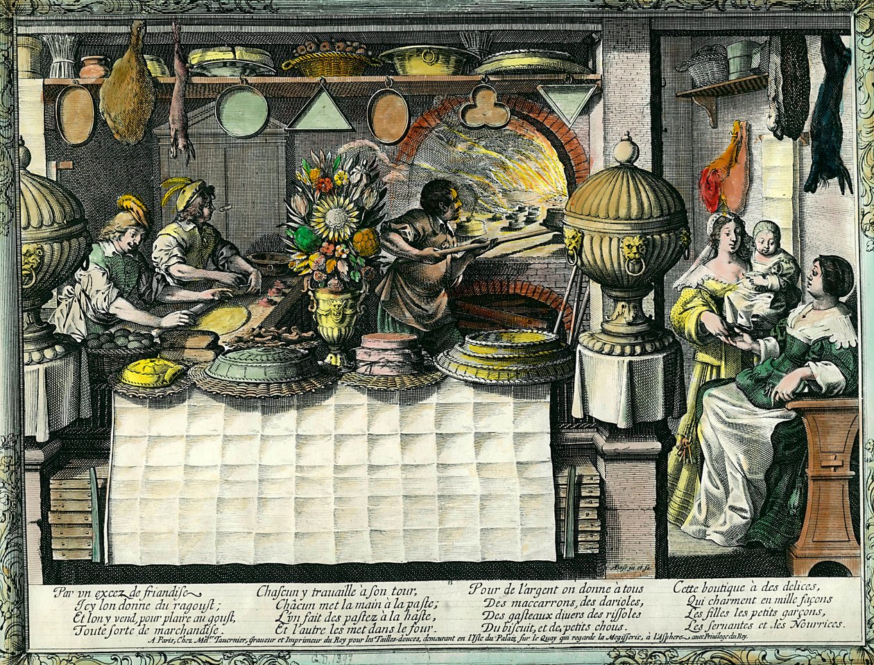 Een banketbakkerij in de 17e eeuw: de achterwinkel waar bakkers en banketbakkers taarten en broden maken en bakken, en klanten in de winkel. Taartvormen hangen aan de muur. Gravure door Abraham Bosse (1602-1676) door Abraham Bosse