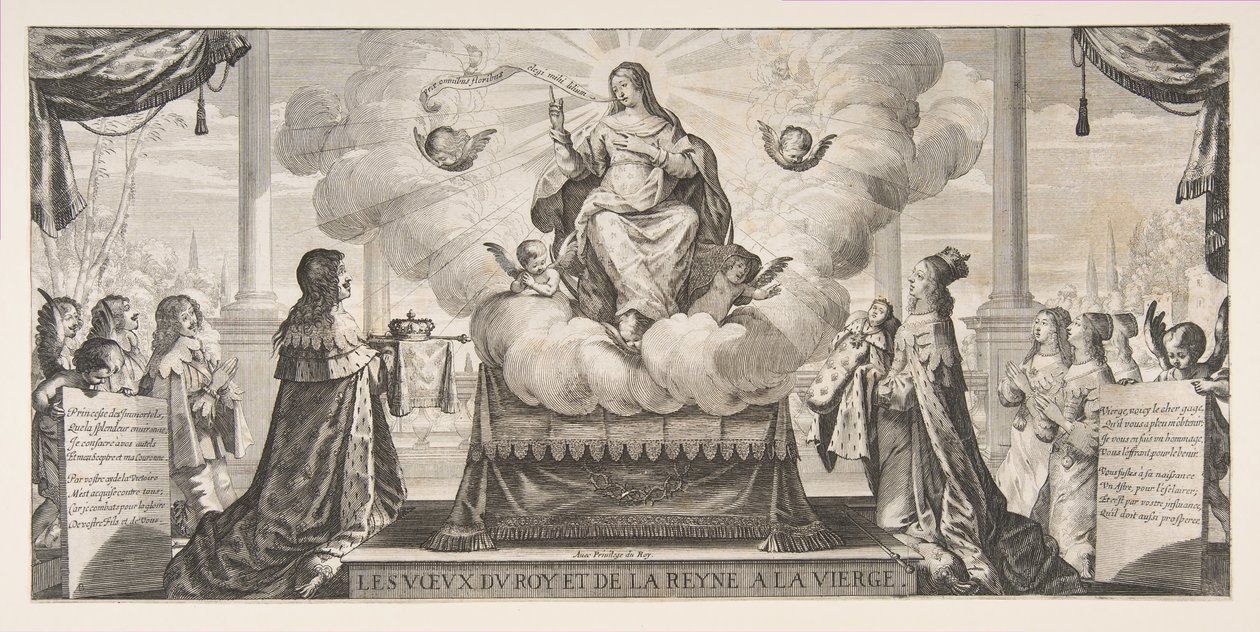 Almanak voor 1639: Lodewijk XIII en Anna van Oostenrijk vertrouwen het koninkrijk en de prins toe, 1639 door Abraham Bosse