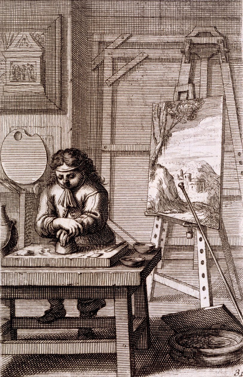 Een leerling-kunstenaar die een graveerplaat schoonmaakt, uit 