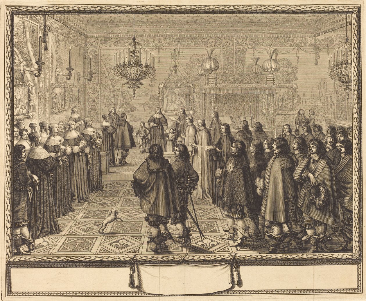Ceremonie van het Huwelijkscontract tussen Vladislas IV, Koning van Polen, en LouiseMarie van Gonzaga, Prinses van Mantua, in Fontainebleau door Abraham Bosse