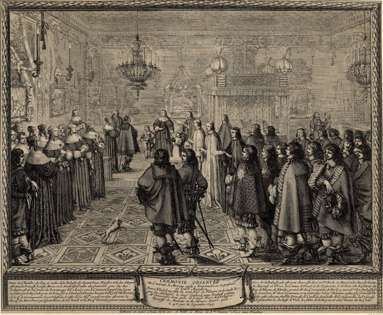Ceremonie van het huwelijkscontract tussen Wladyslaw IV, koning van Polen en Marie Louise Gonzaga door Abraham Bosse