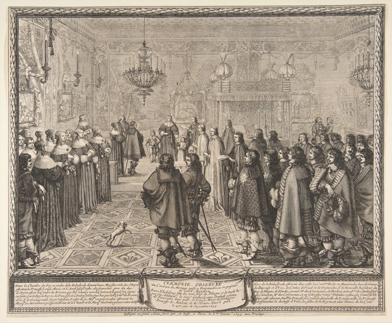 Huwelijksceremonie tussen Władysław IV, koning van Polen, en Marie Louise Gonzaga, prinses van Mantua, in Fontainebleau door Abraham Bosse