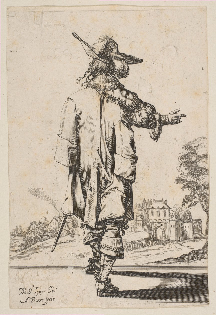 Heer Gezien van Achteren Wijzend naar een Kasteel, 1629 door Abraham Bosse