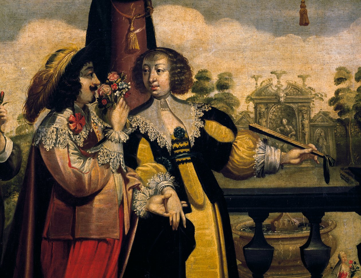 Het gevoel van geur, ca. 1635, door Abraham Bosse (1604-1676), naar een schilderij uit een serie van 5 door onbekende kunstenaar, detail. Frankrijk door Abraham Bosse