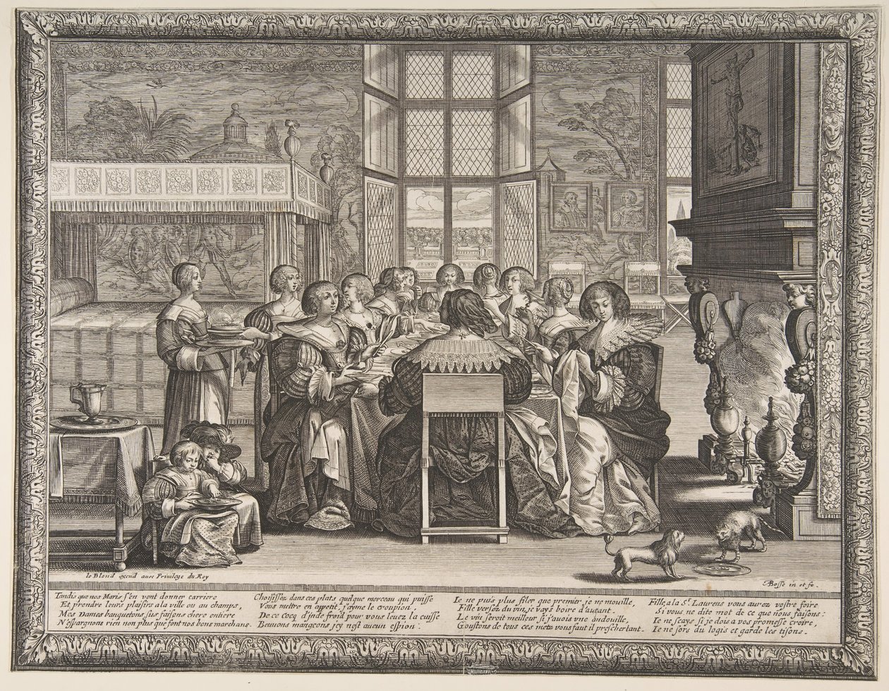 Vrouwen aan Tafel Tijdens de Afwezigheid van Hun Echtgenoten, ca. 1635-36 door Abraham Bosse