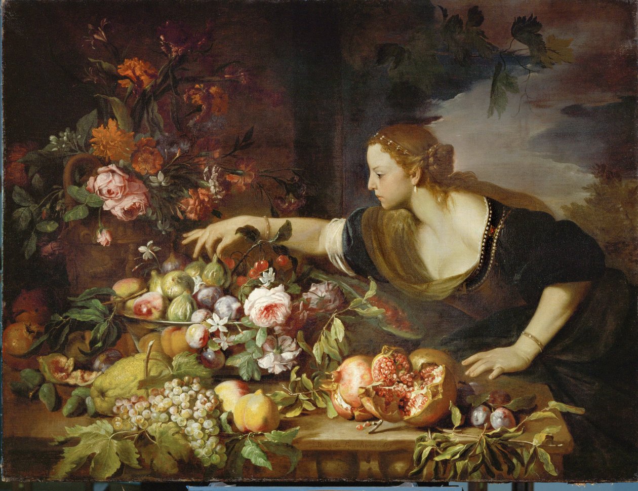 Femme prenant des fruits - een vrouw die fruit neemt ... door Abraham Brueghel