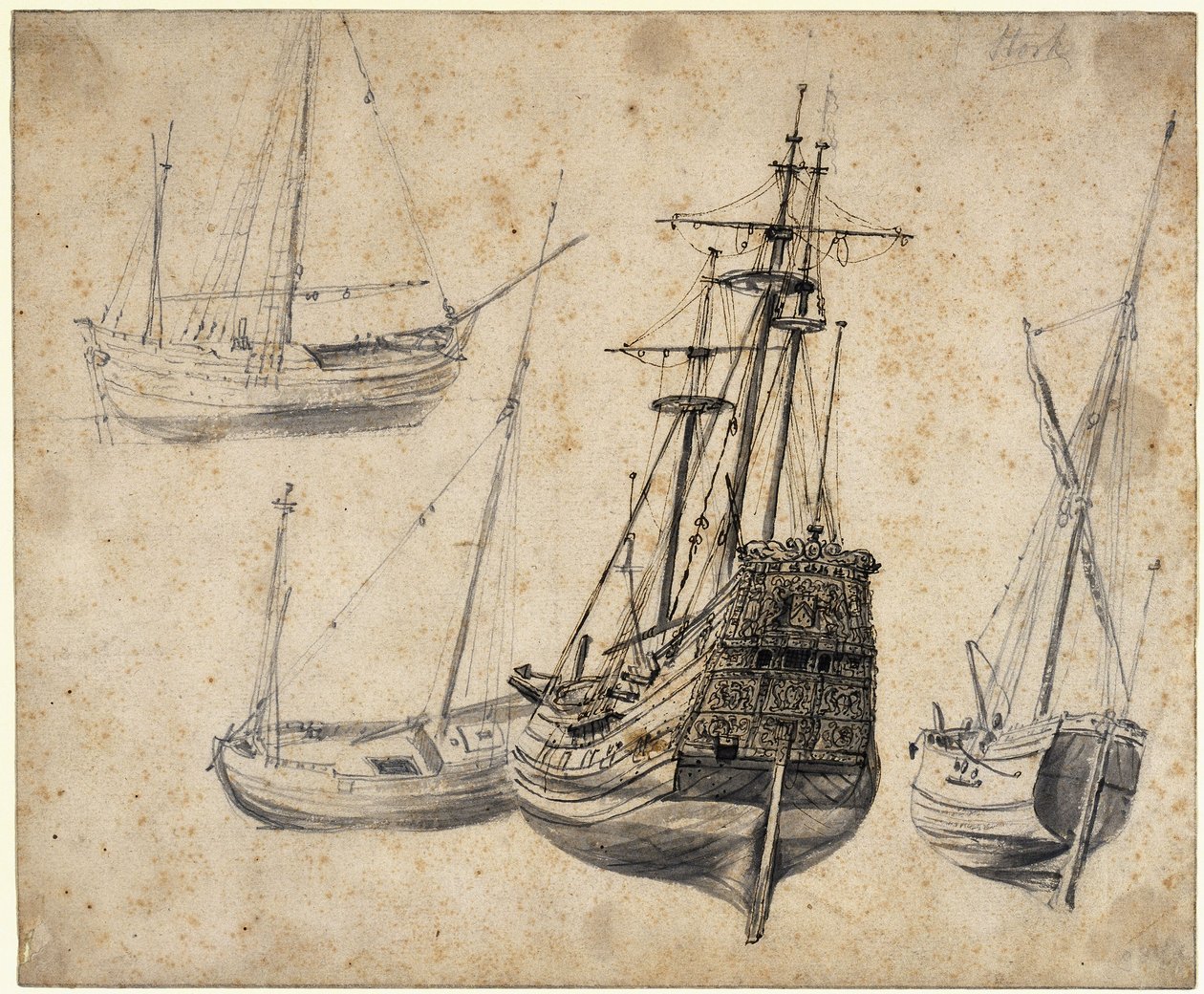 Studieblad met een driemaster en boten door Abraham Casembroot