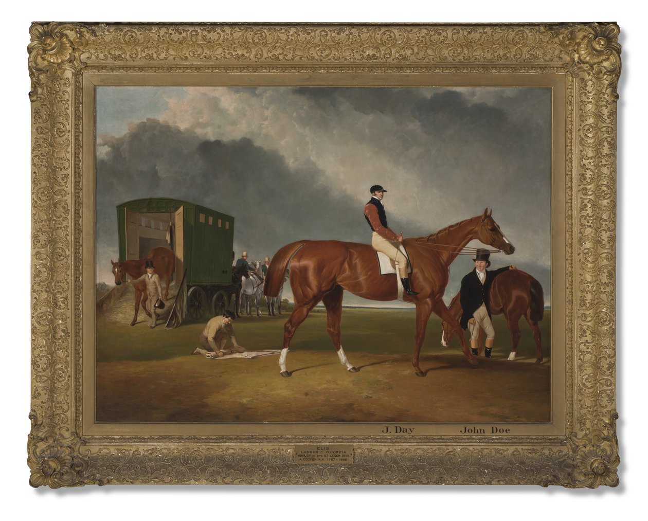 Portret van Lord George Bentincks paard Elis met ruiter, John Day, en trainer, John Doe, Doncaster, 1836 door Abraham Cooper