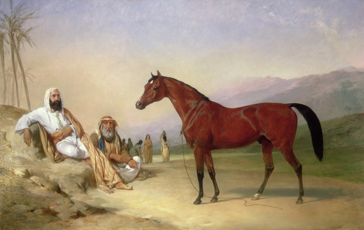 Twee Bedoeïenen met een Bruine Arabische Hengst in de Woestijn door Abraham Cooper