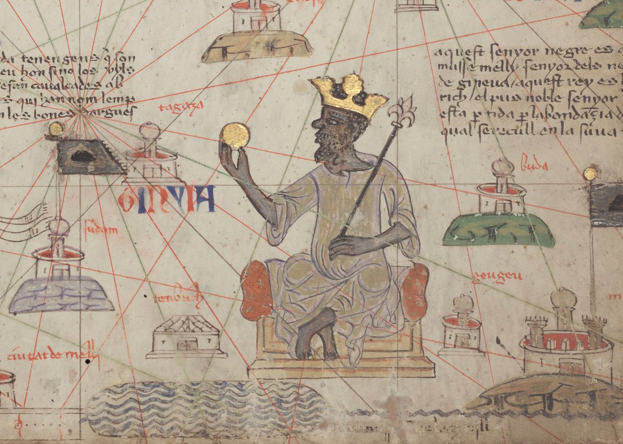 Detail van de Catalaanse Atlas, blad 6, met Mansa Musa op de troon, 1375 door Abraham Cresques