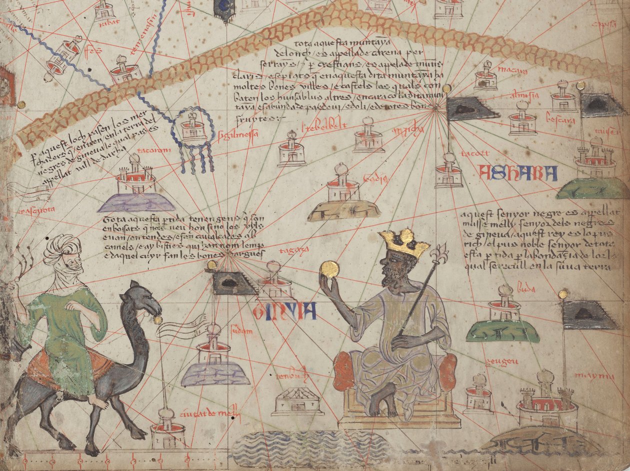 Detail van de Catalaanse Atlas, Blad 6, met de Westelijke Sahara en Mansa Musa, 1375 door Abraham Cresques