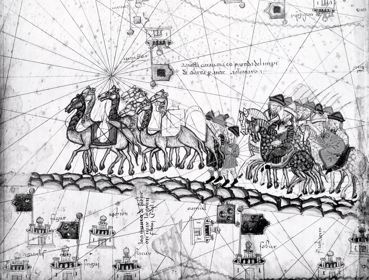 Ms Esp 20 paneel 4, Handelaren op weg naar Cathay, China, in de voetsporen van Marco Polo, detail van de familie van Marco Polo die per kameelkaravaan reist, uit de Catalaanse Atlas gepubliceerd voor Charl door Abraham Cresques
