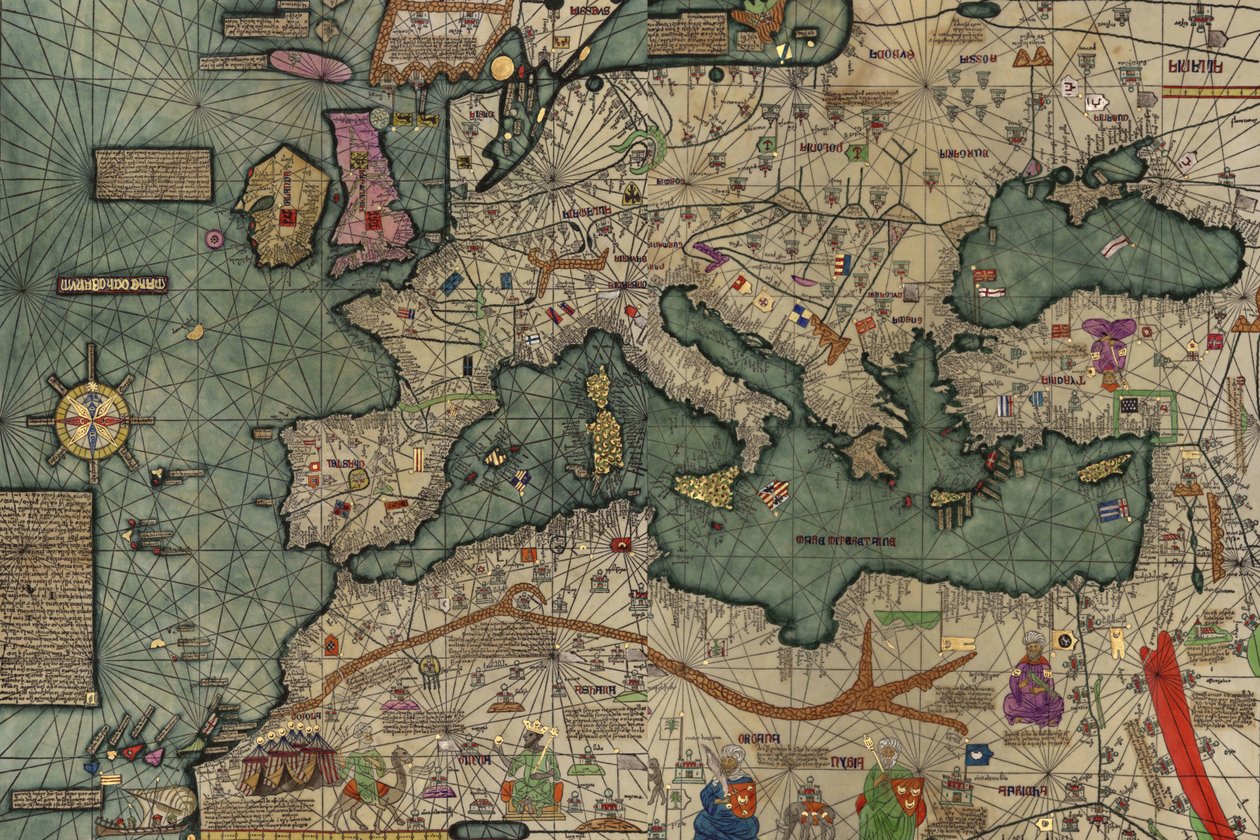Noord-Afrika, Europa en het Midden-Oosten uit de Catalaanse Atlas door Abraham Cresques