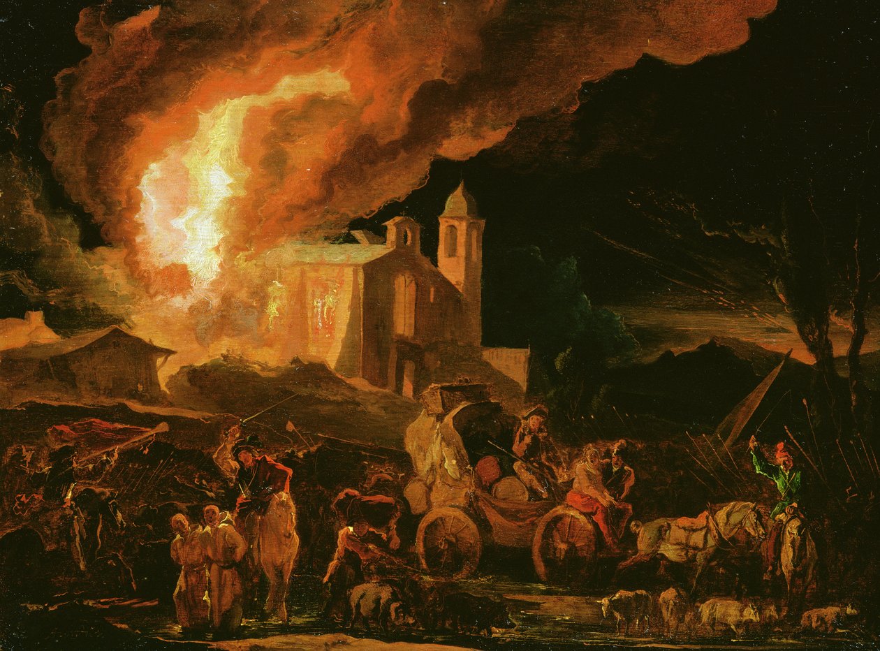 Soldaten plunderen een brandend klooster door Abraham Danielsz. Hondius