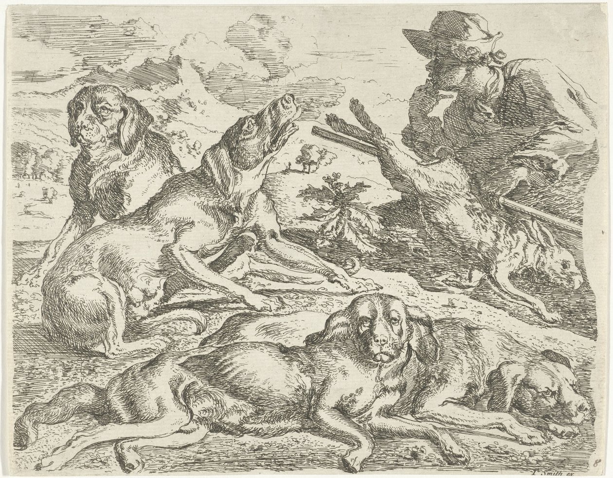 Vier honden, een jager en een haas door Abraham Danielsz. Hondius