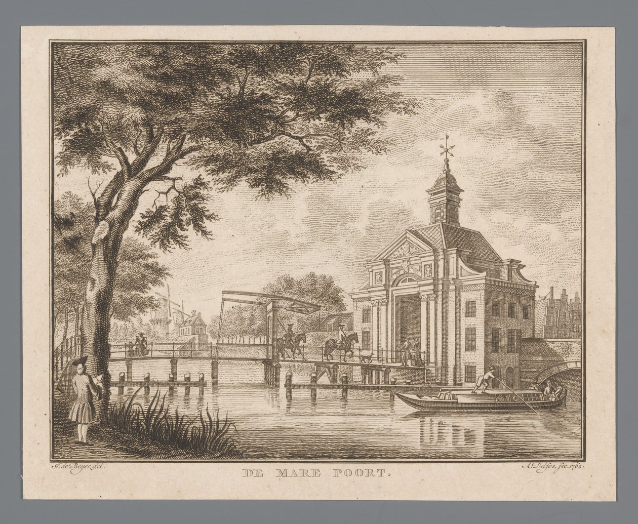 Gezicht op de Marepoort te Leiden door Abraham Delfos