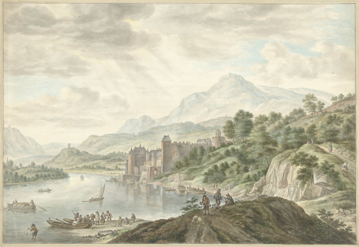 Heuvellandschap met een kasteel aan een rivier door Abraham Delfos