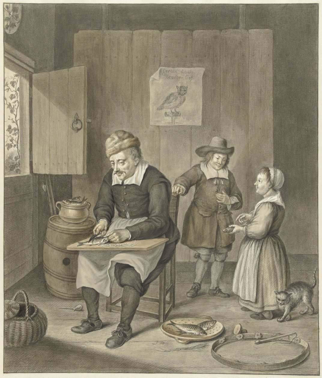 Interieur met man die vissen schoon maakt en twee kinderen door Abraham Delfos