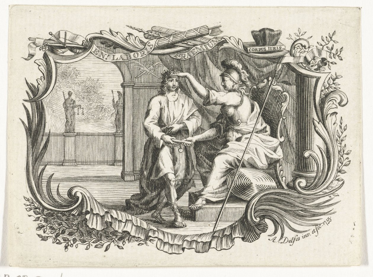 Minerva beloont of huldigt man voor zijn werk, in cartouche door Abraham Delfos