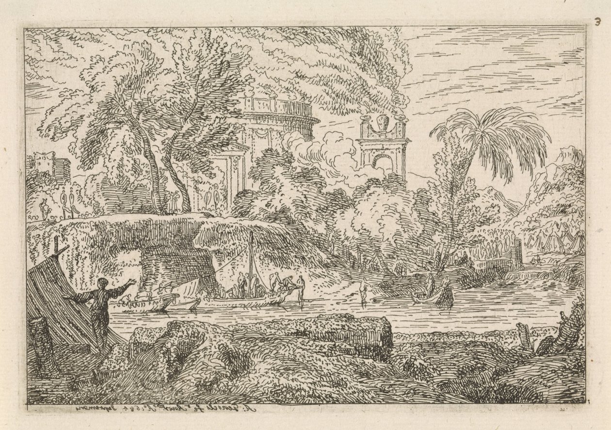 Arcadisch landschap met triomfboog door Abraham Genoels