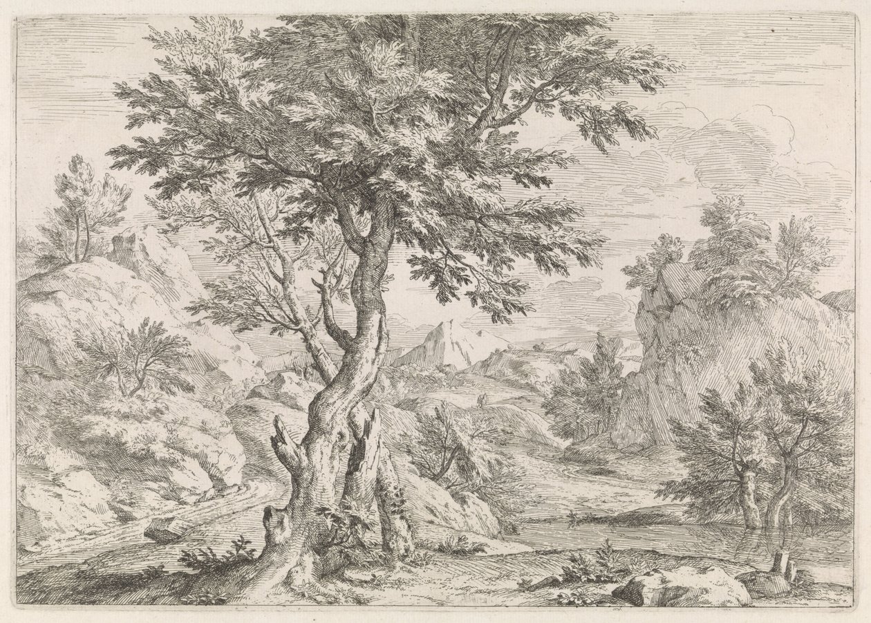 Heuvelachtig landschap met rotsen door Abraham Genoels