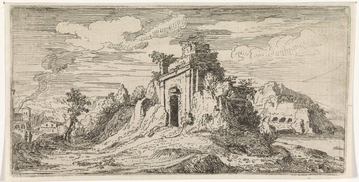 Landschap met de ruïnes van een poort door Abraham Genoels