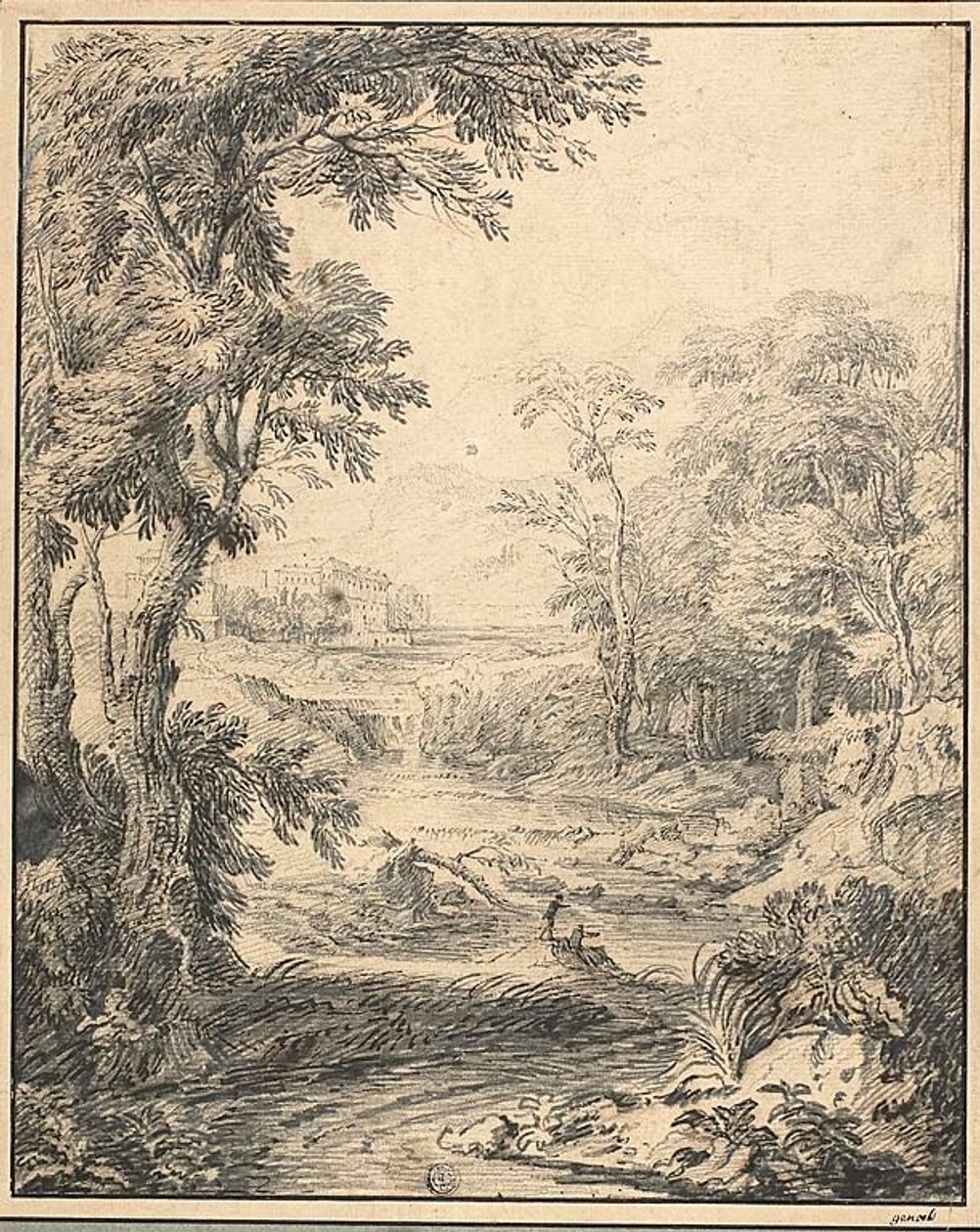 Rivierlandschap met twee figuren op de voorgrond, kasteel in de verte door Abraham Genoels II