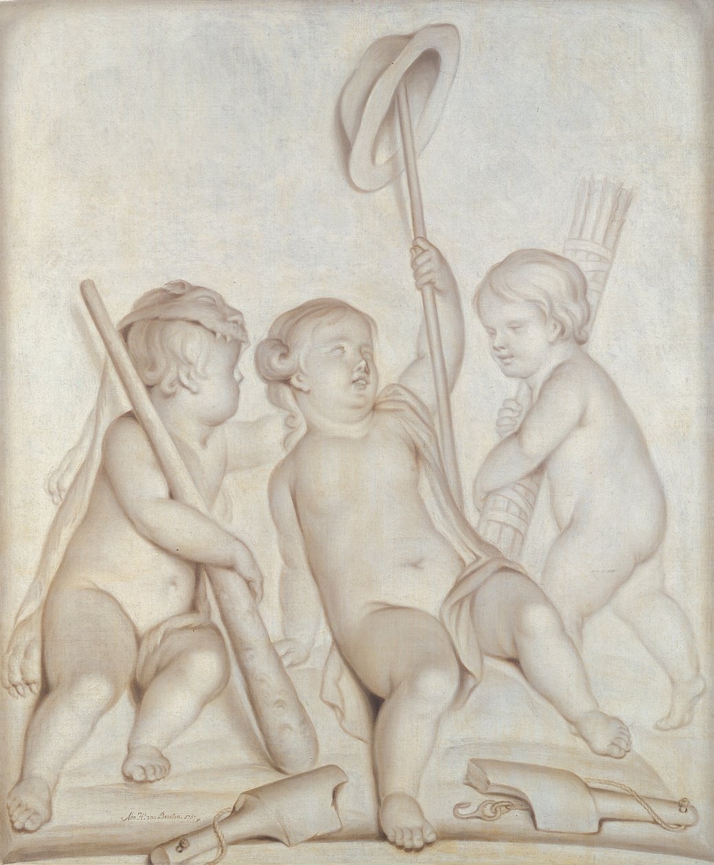 De drie cherubijnen, Putti met de attributen van Hercules en Mercurius, 1767 door Abraham Hendrick van Beesten