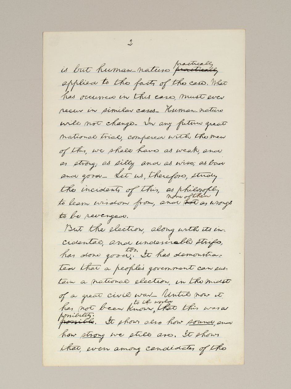 Handgeschreven manuscript van Lincolns overwinningsspeech als president, gehouden in Washington D.C., vanuit het raam van het Witte Huis op de avond van 10 november door Abraham Lincoln