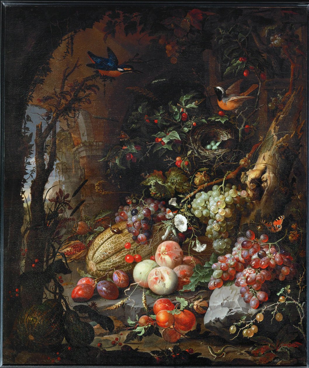 Bloemen, fruit, vogels en insecten in een landschap van ruïnes ... door Abraham Mignon