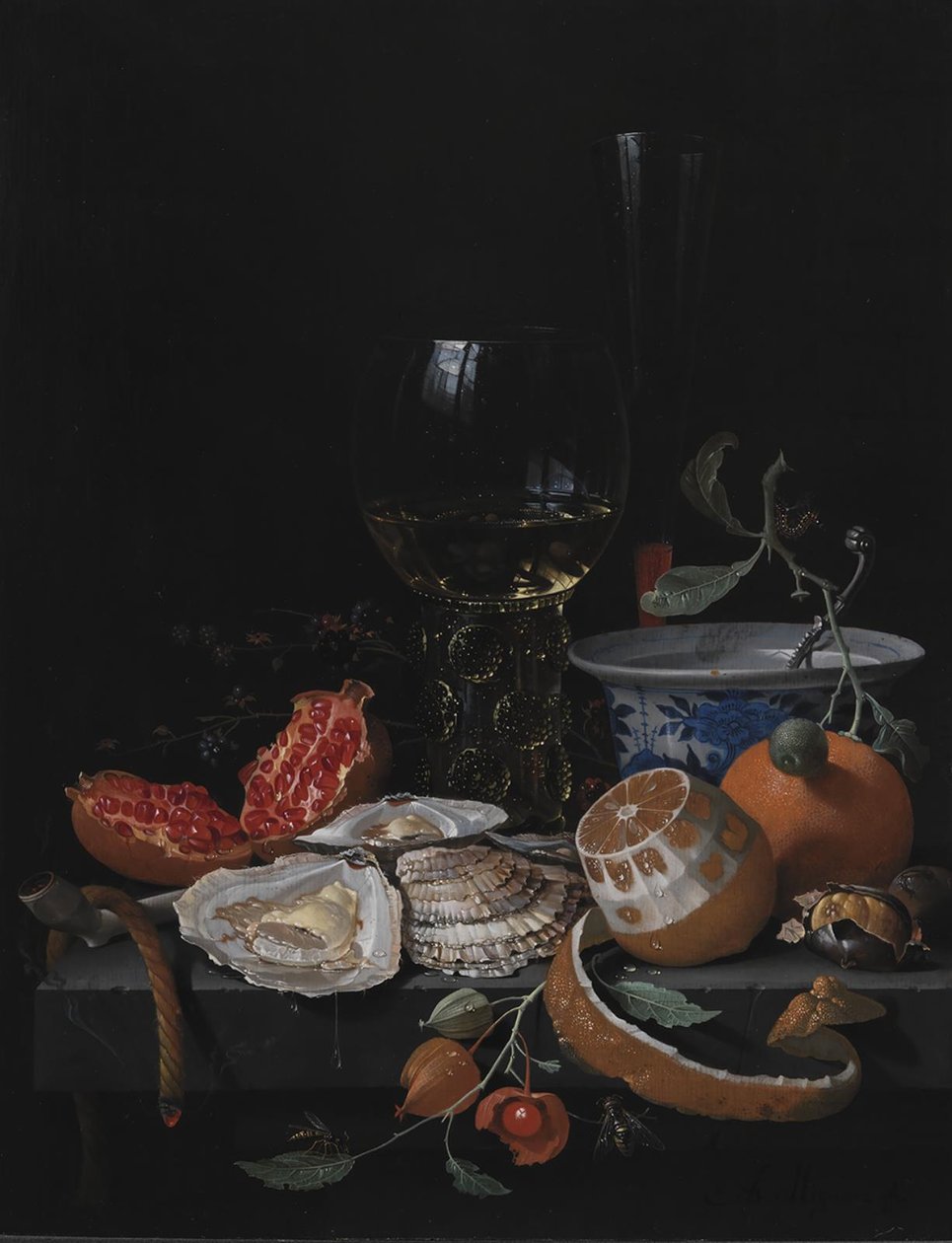 Oesters, fruit en een wijnglas op een stenen tafel door Abraham Mignon