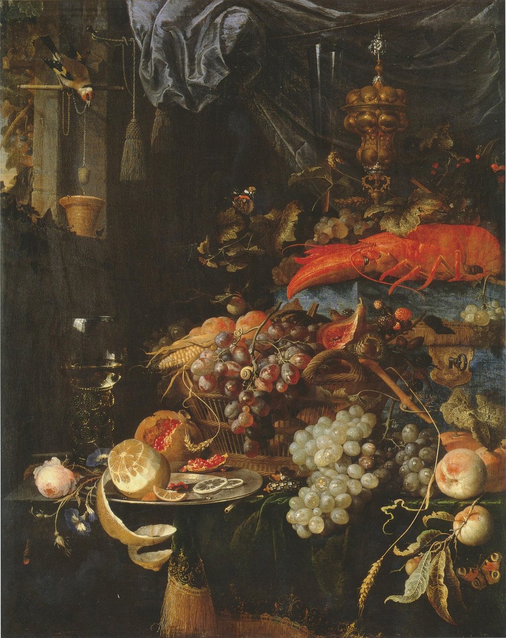 Stilleven met fruit, een kreeft en een distelvink door Abraham Mignon
