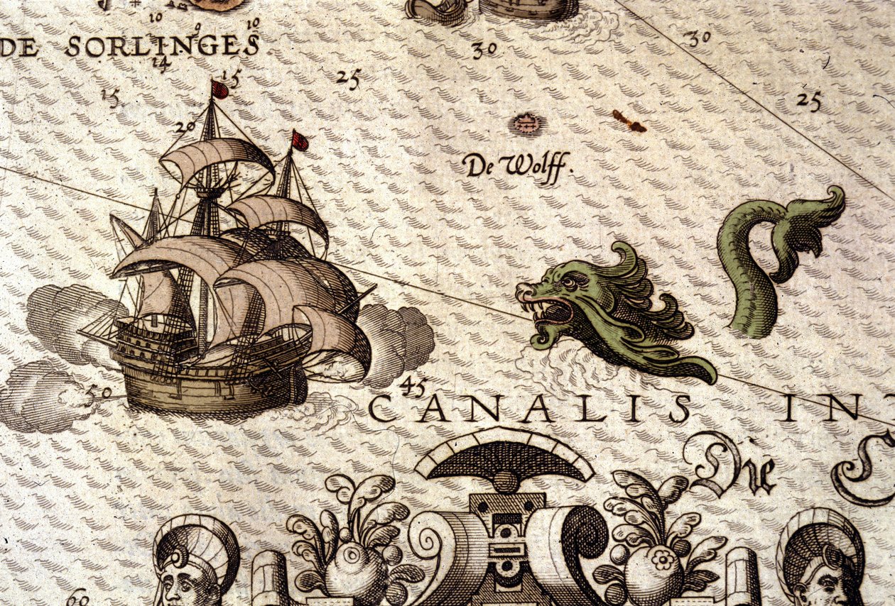 Een zeemonster dat een galeon (karveel) aanvalt. Detail van een kaart in 