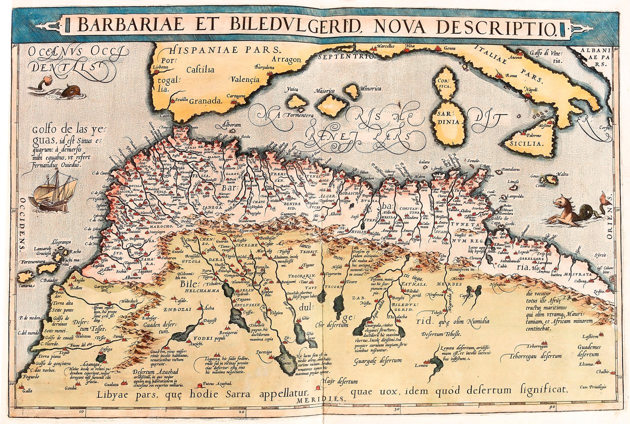 Barbariae en Biledulgerid, Nova Descriptio. Geografische kaart van Noord-Afrika uit 