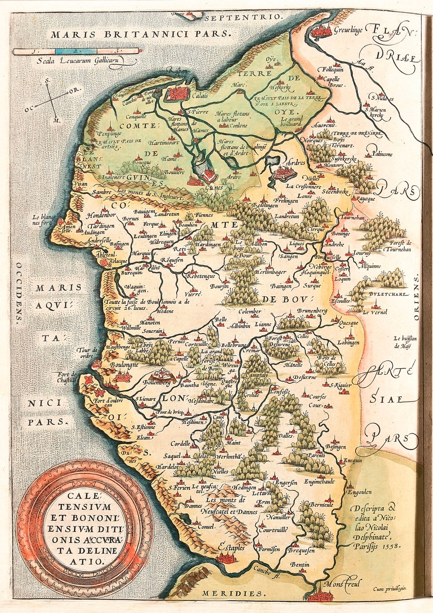 Caletensium et Bononiensium Ditionis Accurata Delineatio Geografische kaart van het Boulonnais-gebied (Comte de Boulogne), Artois en Frans-Vlaanderen (Frankrijk) inclusief de plaatsen Calais, Arches, Greuelinge, Etaples en Montreuil... uit 
