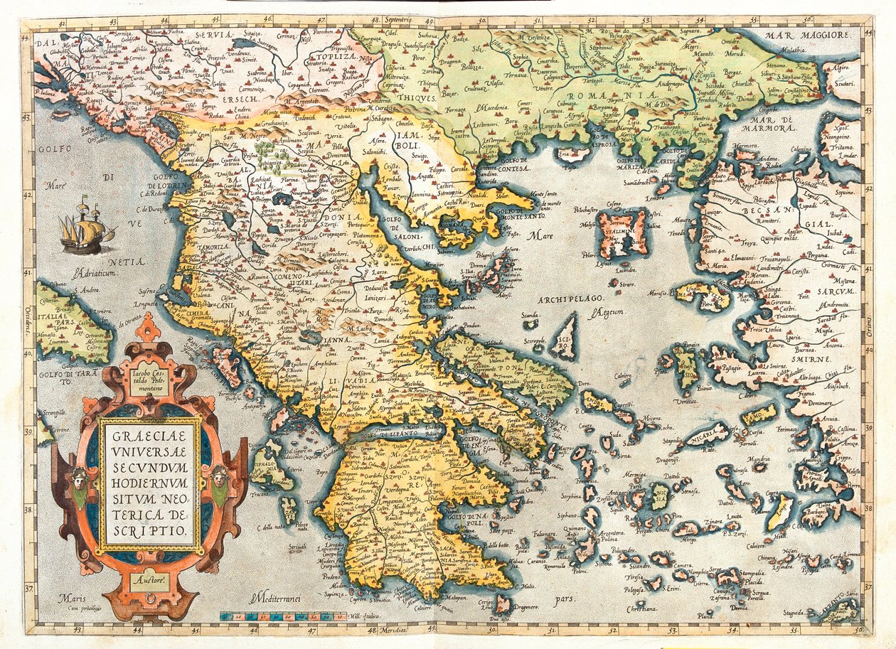 Kroatië (district: Dubrovnik-Neretva), zuidelijk Bosnië en Herzegovina, zuidelijk Servië, zuidelijk Bulgarije, Montenegro, Albanië, Macedonië, Griekenland, westelijk Turkije door Abraham Ortelius