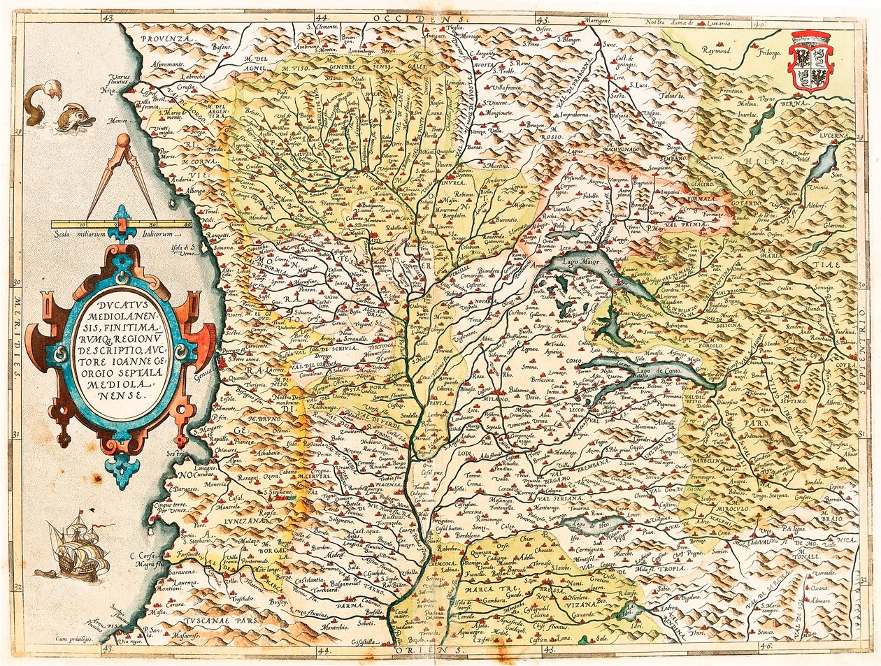 Ducatus Mediolanensis, Finitimarumq Regionu Descriptio Auctore Iooanne Georgio Septala Mediolanense Geografische kaart van het hertogdom Milaan uit 