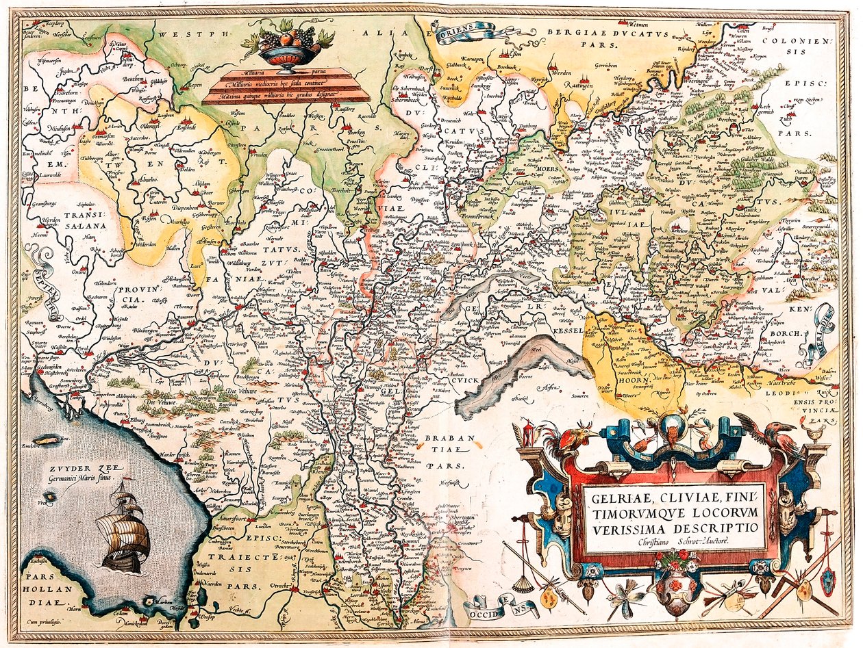 Gelriae, Cliviae, Finitimorum Qe Locorum Verissima Descriptio Christiano Schrot. Auctore. Geografische kaart van het gebied van de Duitse Nederlanden uit 