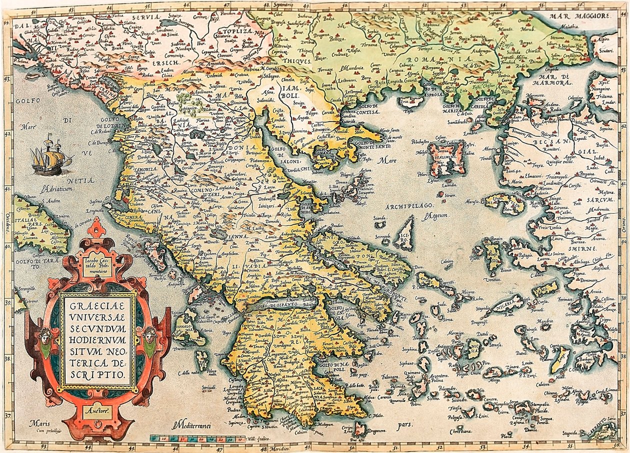 Graeciae Universae Secundum Hodiernum Neoterica Descriptio Geografische kaart van het gebied van Griekenland met de Peloponnesos en de eilanden uit 