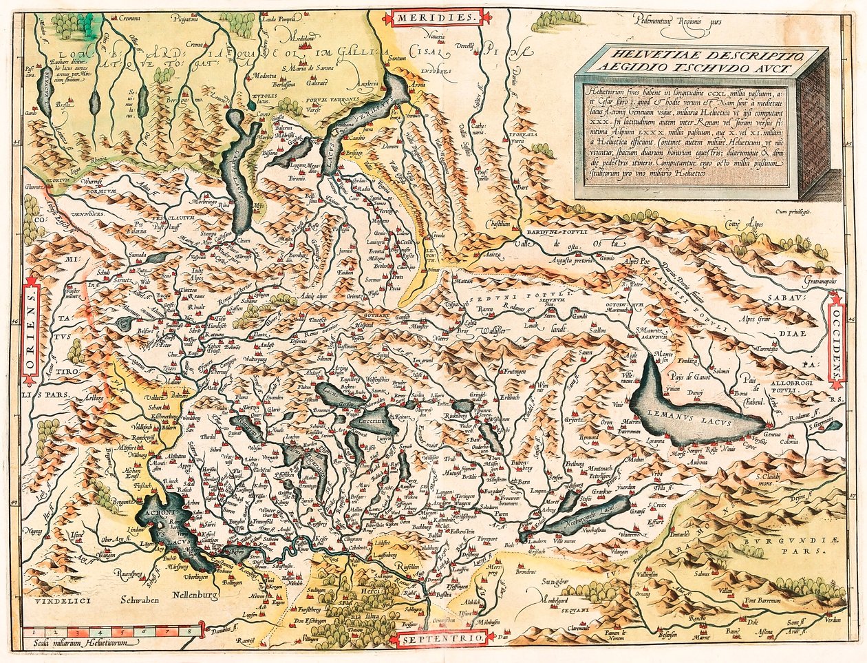 Helvetiae Descriptio Aegidio Tschudo Auct. Geografische kaart van de Zwitserse en Franse Alpen inclusief meren uit 