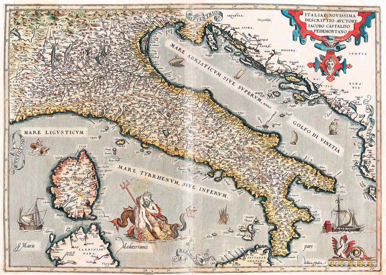 Italiae novissima descriptio auctore Iacobo Castaldo Pedemontano Geografische kaart van het gebied van Italië uit 
