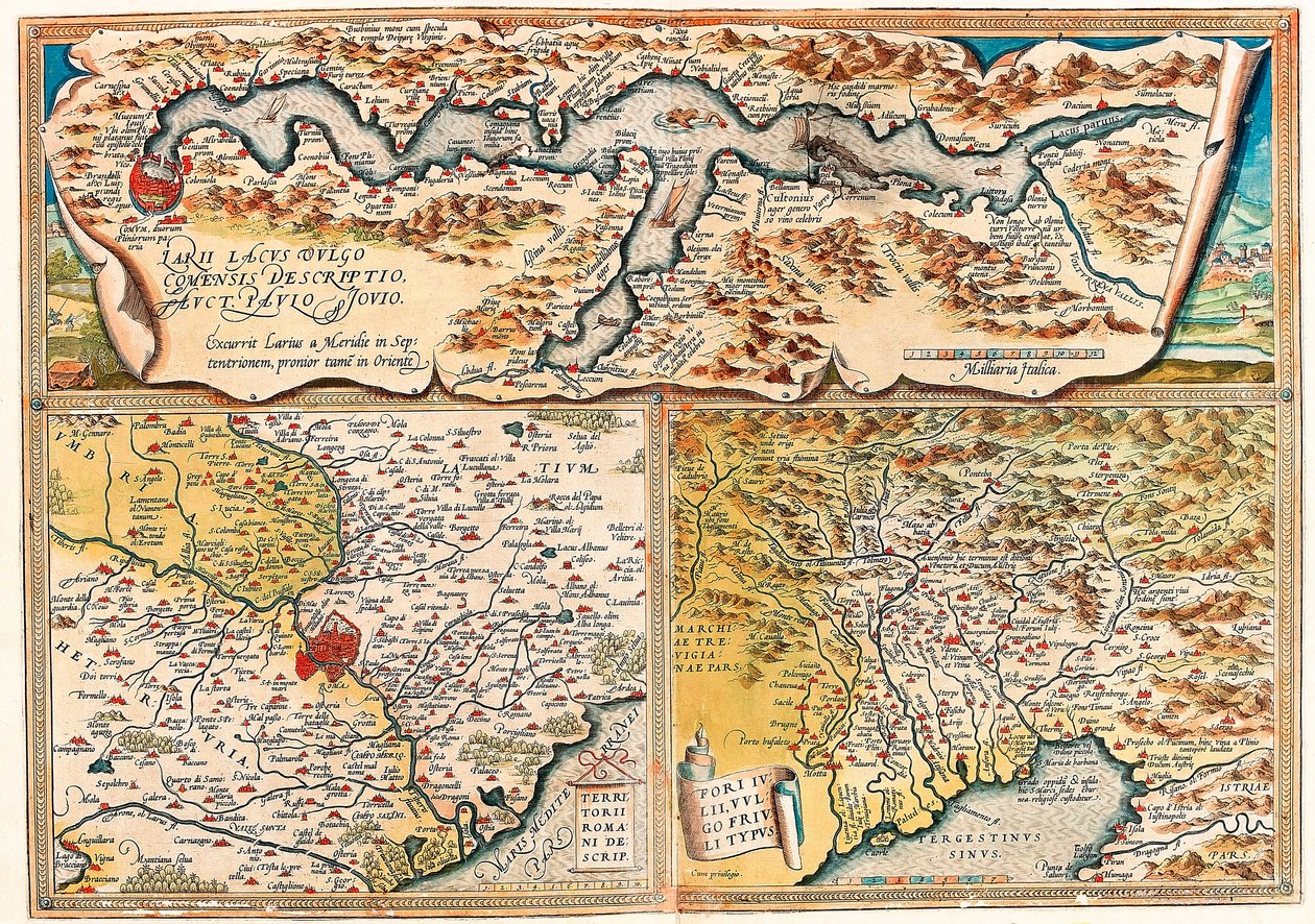 Larii Lacus Vulgo Tertorii Romani Fori Iulii. Geografische kaart van Noord-Italië uit 