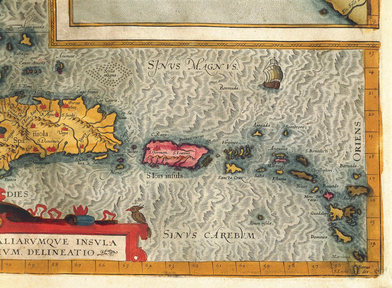 Kaart van het eiland Hispaniola, Santo Domingo, Puerto Rico en deel van de Antillen door Abraham Ortelius door Abraham Ortelius