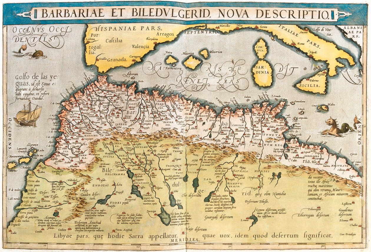 Marokko, Algerije, Tunesië, West-Libië, Westelijke Sahara, Mauritanië, Senegal, Mali, Niger door Abraham Ortelius
