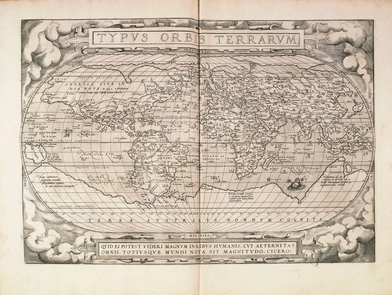 Planisfeer uit Theatrum Orbis Terrarum door Abraham Ortelius, gedrukt in Antwerpen door Abraham Ortelius