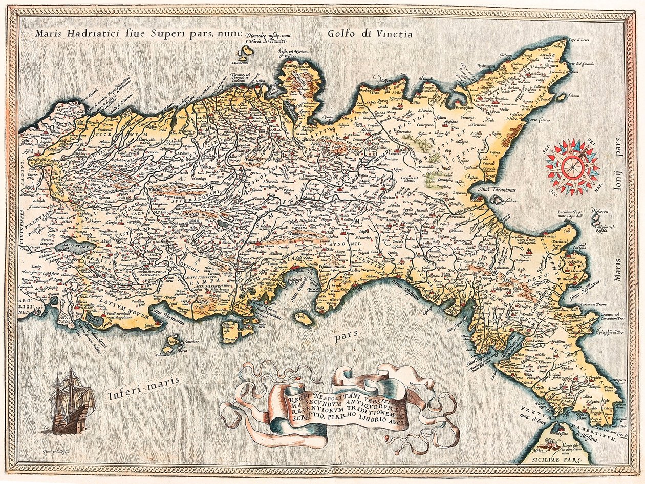 Regnii Neapolitani verissima secundum antiquorum et recentiorum traditionem descriptio, Pyrrho Ligorio auct. Geografische kaart van het gebied van het Koninkrijk Napels in Italië uit 