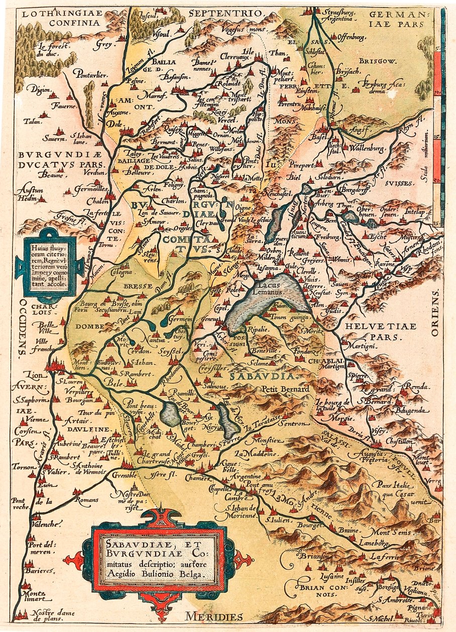 Sabaudia et Burgundiae Comitus beschrijving Geografische kaart van het gebied van Bourgondië en Savoye (Pontarlier, Dijon, Lac Leman en Zwitserland) uit 