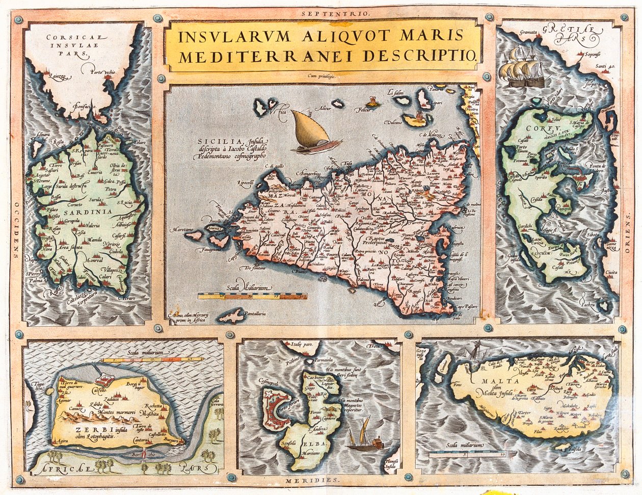 Sardinië, Sicilië, Corfu, Djerba, Elba, Malta, Italië, Griekenland, Tunesië, Malta door Abraham Ortelius