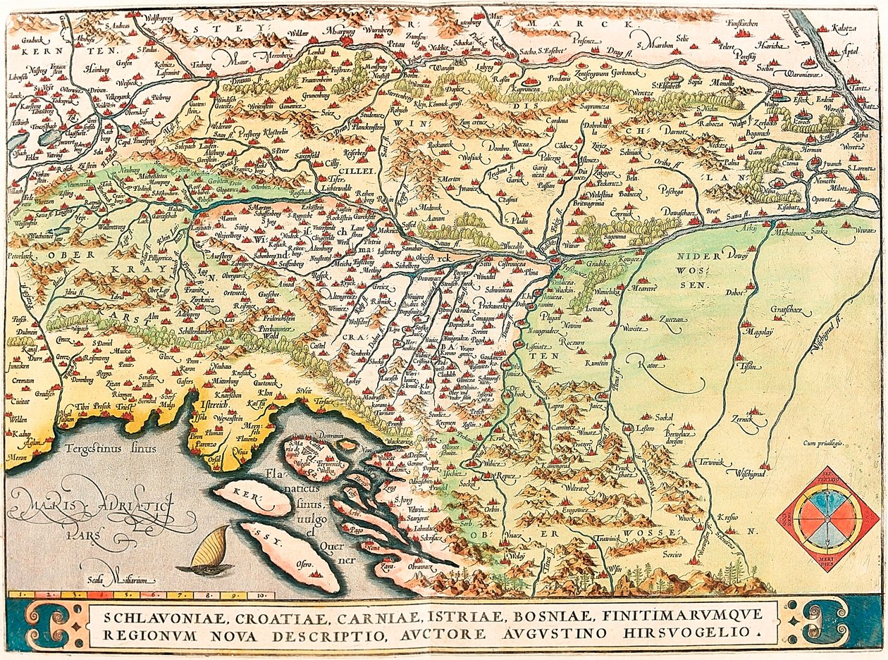 Schlavoniae, Croatiae, Carniae, Istriae, Bosniae, Finitimarumque Regionum Nova Descriptio, Auctore Augustino Hirsuogelio Geografische kaart van de gebieden Slavonië, Kroatië, Bosnië en Dalmatië uit 